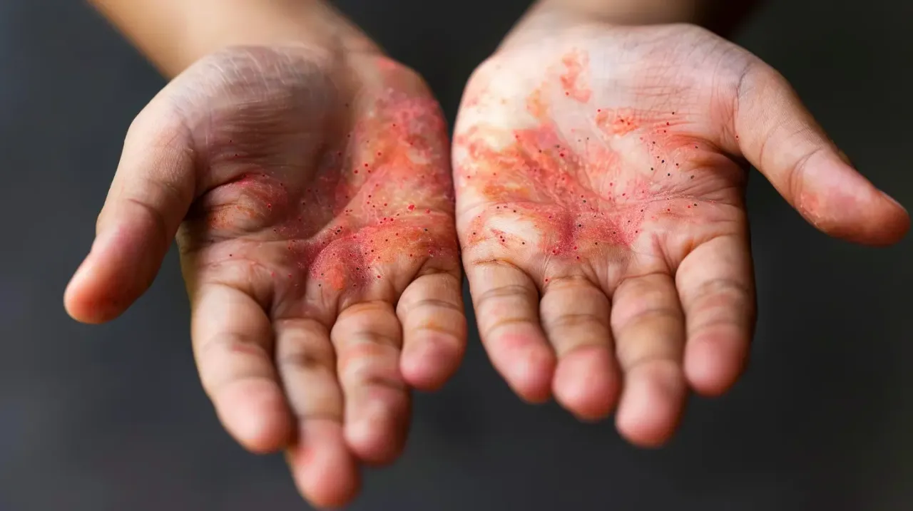 Dłonie dorosłego z objawami bostonki: zaczerwienienie, pęcherzyki i drobne kropki.