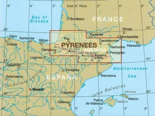 Mapa Pirenej&oacute;w w Europie, granice Francja Hiszpania Andora