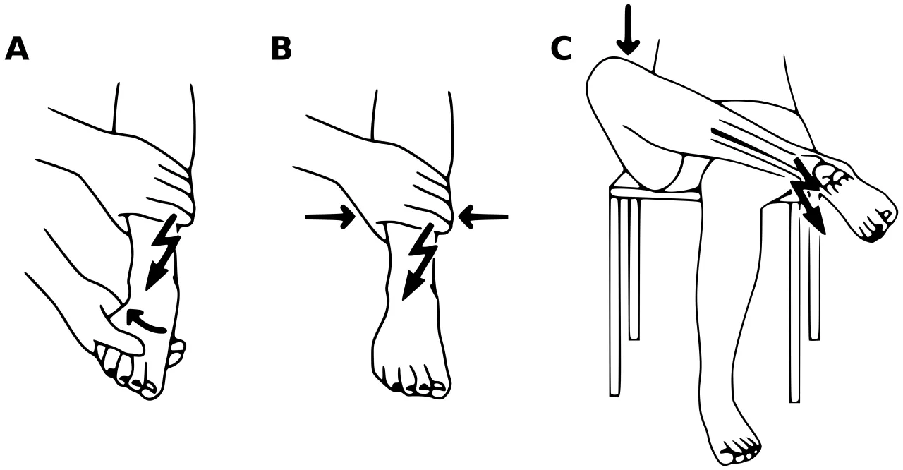 Ilustracje pokazują ćwiczenia po złamaniu kości strzałkowej: delikatne ruchy stopy (A), nacisk na łydkę (B) i rozciąganie mięśni (C).