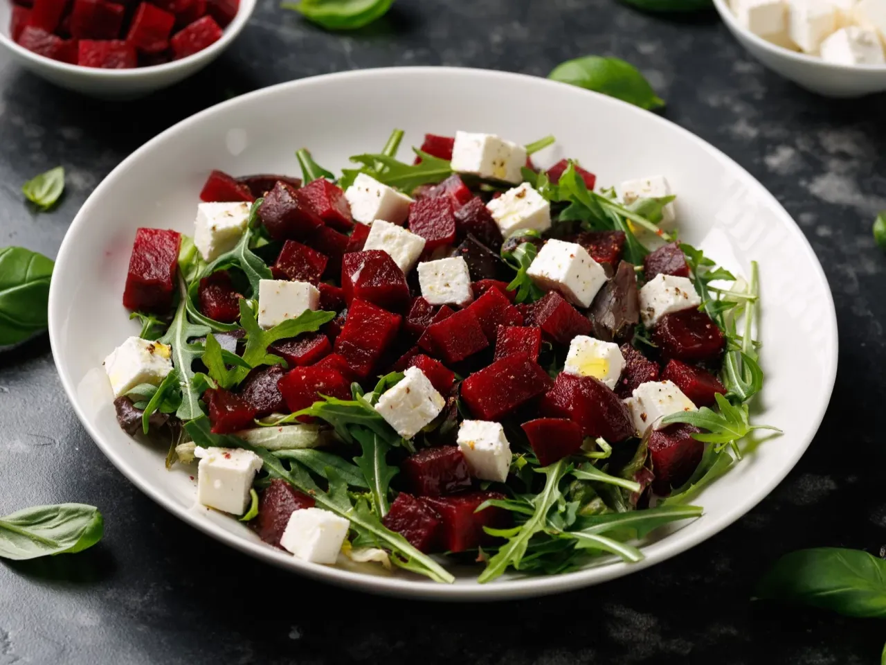 Pyszna sałatka z burakiem i rukolą, z kostkami białego sera, skropiona oliwą.