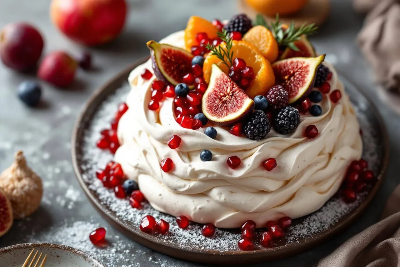 Dessert joliment dress&eacute; avec des fruits, des feuilles de menthe et du sucre glace
