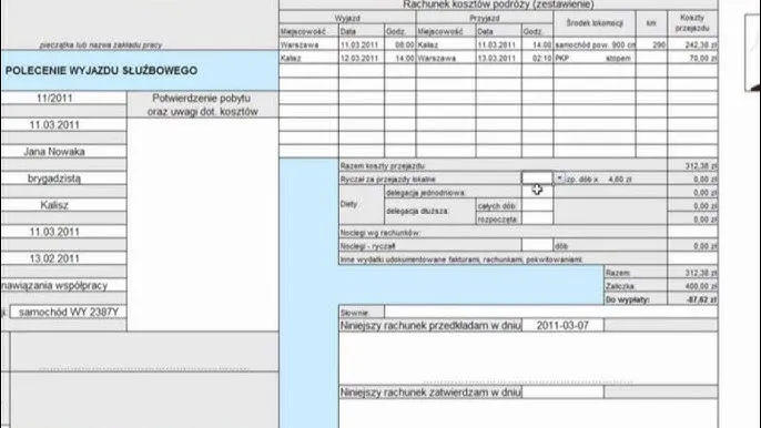 wypełniony druk delegacji służbowej