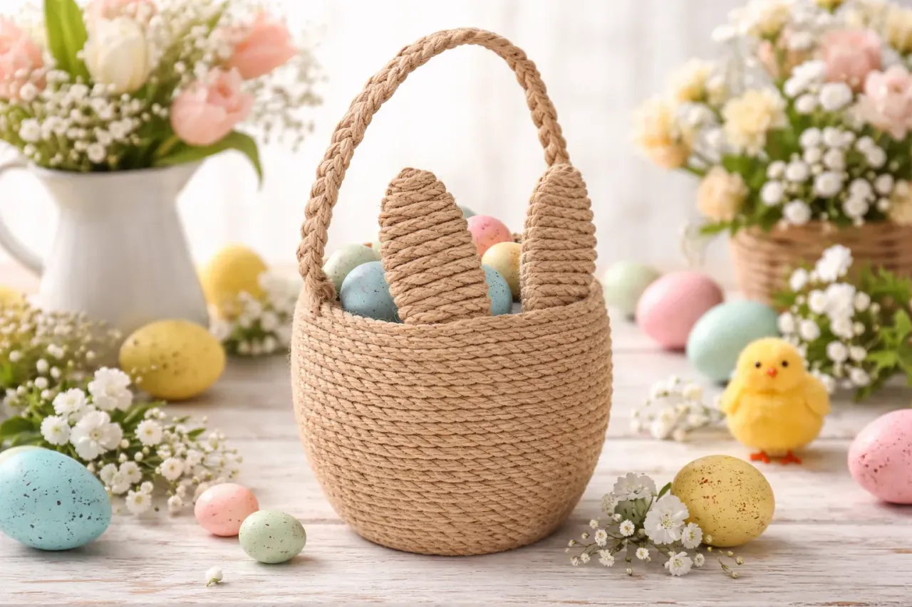 Idealny koszyczek wielkanocny dla dziecka: pleciony koszyk z uszami kr&oacute;lika, wypełniony kolorowymi pisankami i ozdobiony kwiatami.