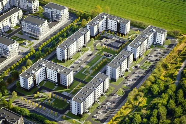 Budowa osiedla mieszkaniowego z perspektywy lotu ptaka