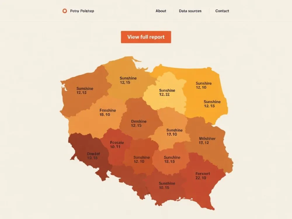 Mapa nasłonecznienia Polski pokazująca r&oacute;żnice w natężeniu promieniowania słonecznego w r&oacute;żnych regionach