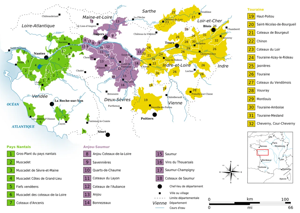 Mapa winnic wzdłuż Loary, najdłuższej rzeki Francji. Widać Nantes, Angers, Tours i Poitiers.