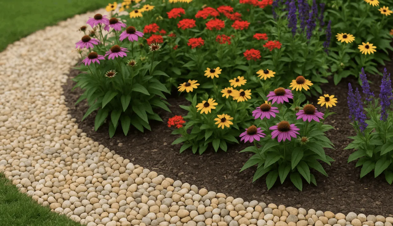 Kolorowy ogród z różowymi jeżówkami, żółtymi rudbekiami i fioletowymi kwiatami. Ścieżka z kamienia rzecznego, która sugeruje, ile kamienia na m2 potrzeba do takiej aranżacji.