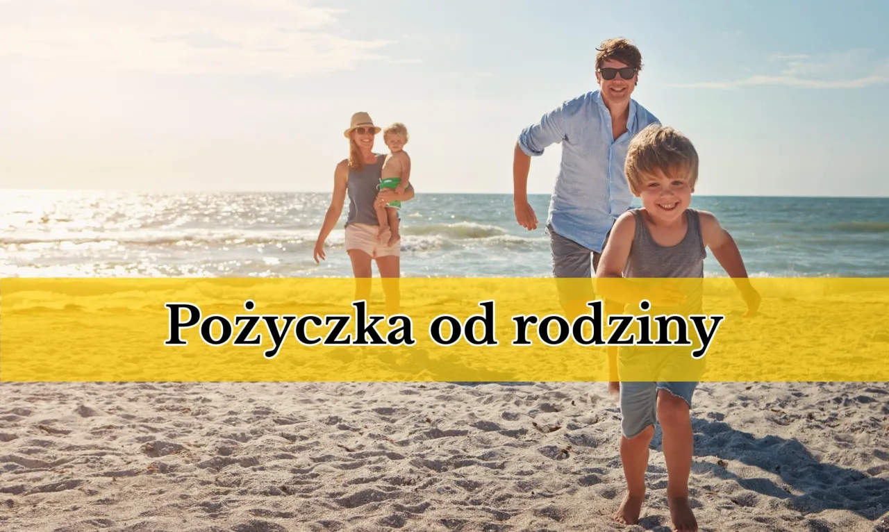 Szczęśliwa rodzina na plaży, gdzie ojciec niesie syna. Tekst 