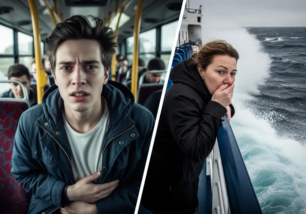 Młody mężczyzna w autobusie i kobieta na statku odczuwają objawy choroby morskiej podczas rejsu na Wyspy Kanaryjskie.