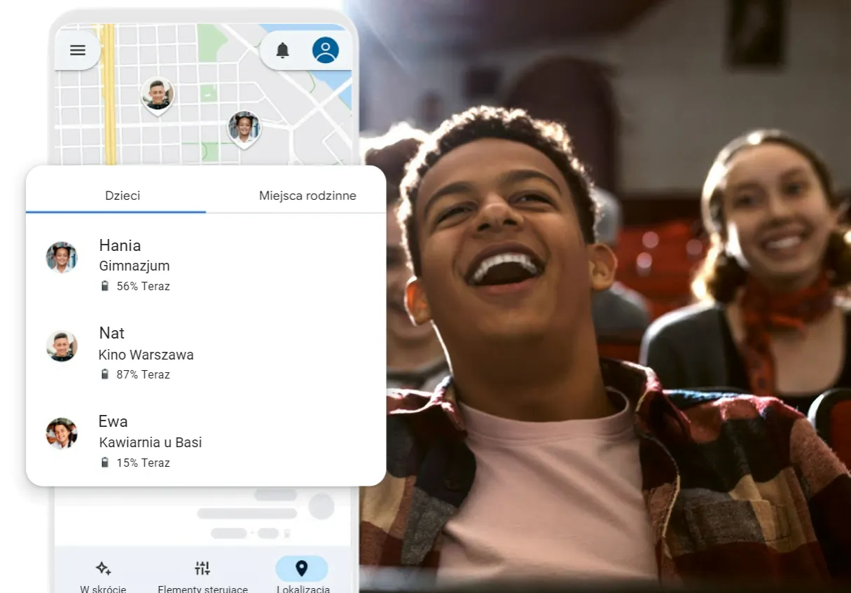 Ekran telefonu pokazuje listę dzieci i ich lokalizacje, np. 