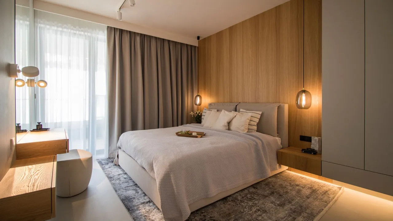 sypialnia z drewnianą ścianą za ł&oacute;żkiem