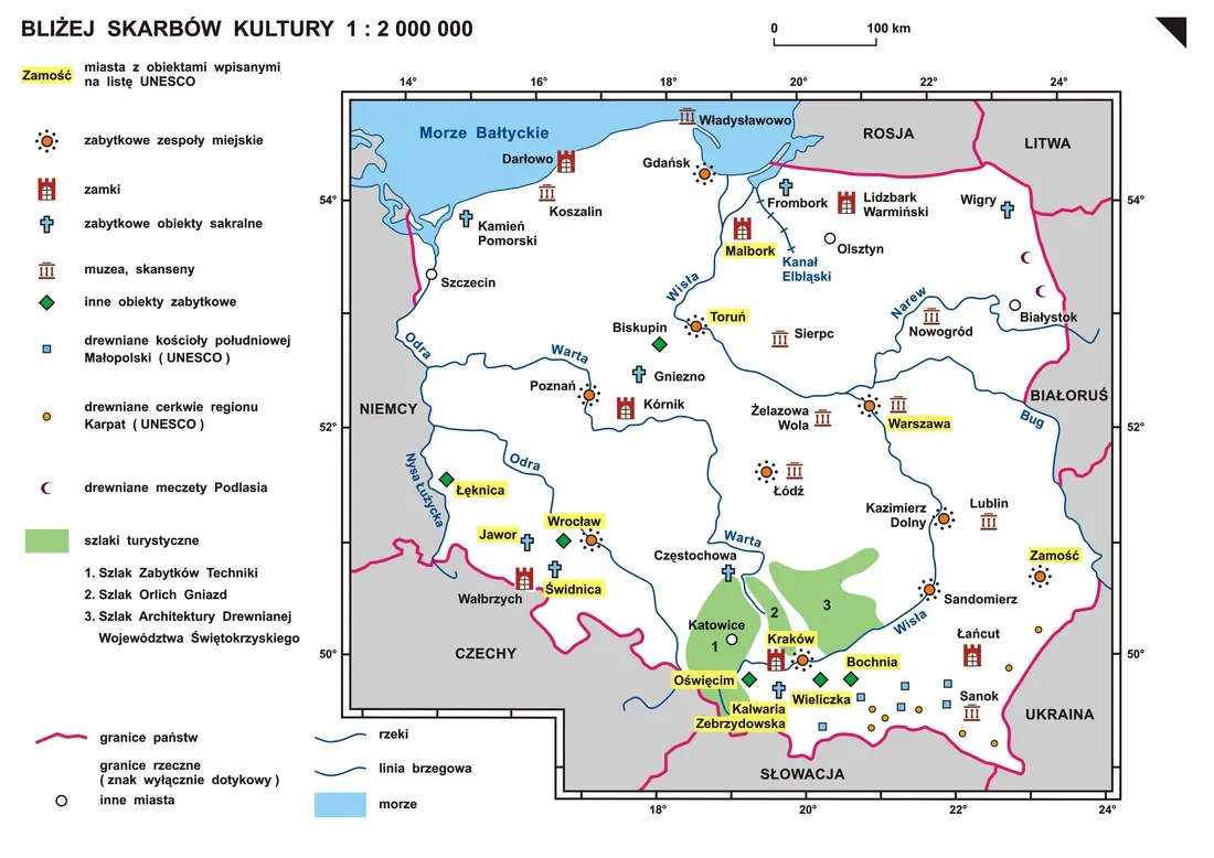 Mapa Polski z zaznaczonymi uzdrowiskami i kopalniami soli w g&oacute;rach