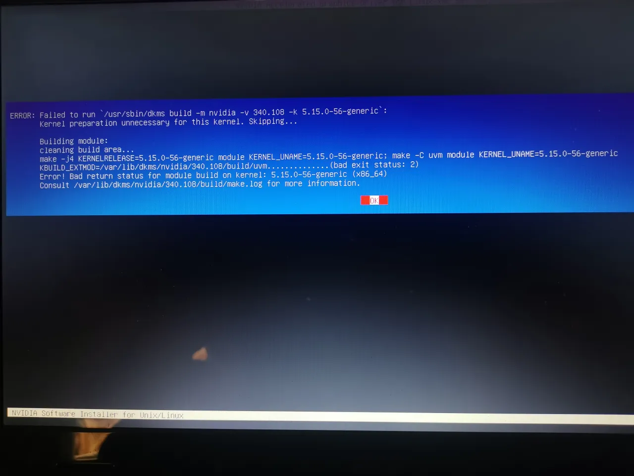 Błąd kompilacji modułu jądra przez dkms. Nieudana pr&oacute;ba uruchomienia skryptu budowania dla jądra 5.15.0-56-generic.