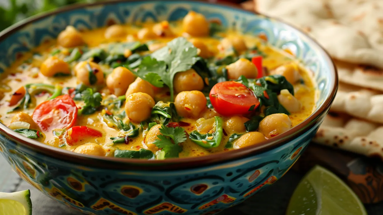 Zdjęcie Curry z ciecierzycą, pomidorami, szpinakiem i mlekiem kokosowym