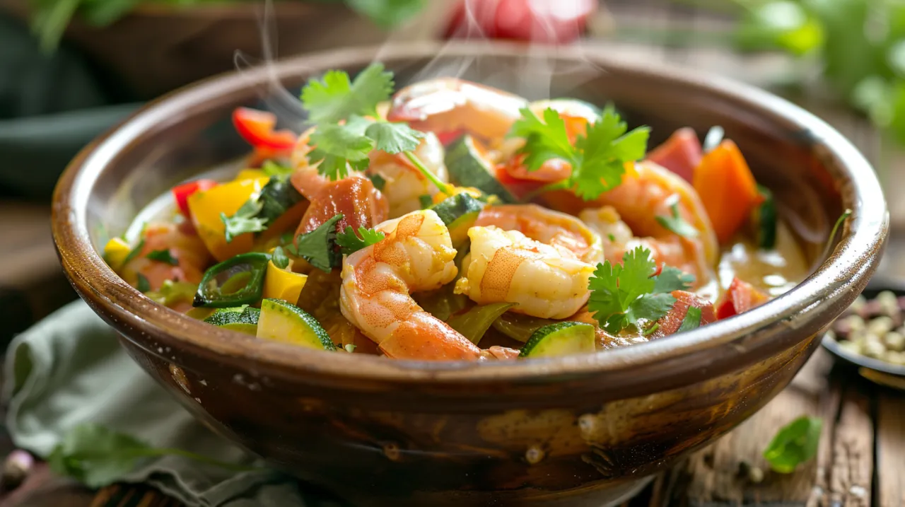 Zdjęcie Tajskie curry z krewetkami, mlekiem kokosowym i warzywami