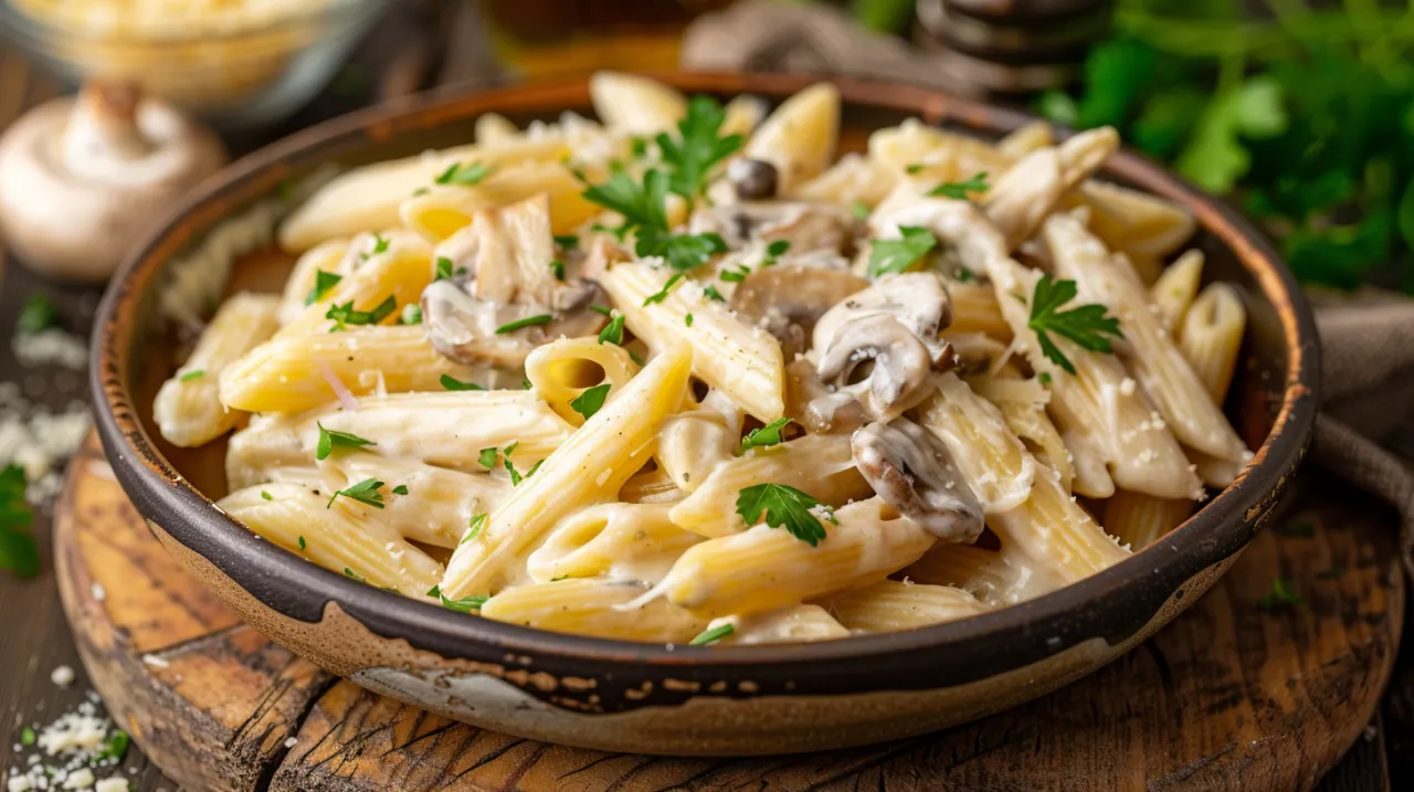 Zdjęcie Makaron penne z kurkami, kurczakiem i śmietaną