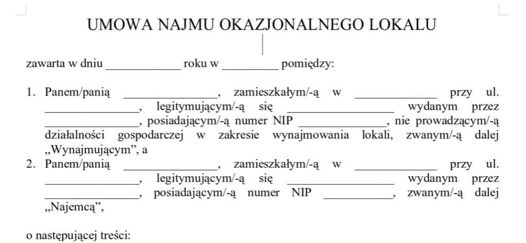 Zdjęcie Wzór umowy najmu okazjonalnego: kompletny szablon z instrukcjami