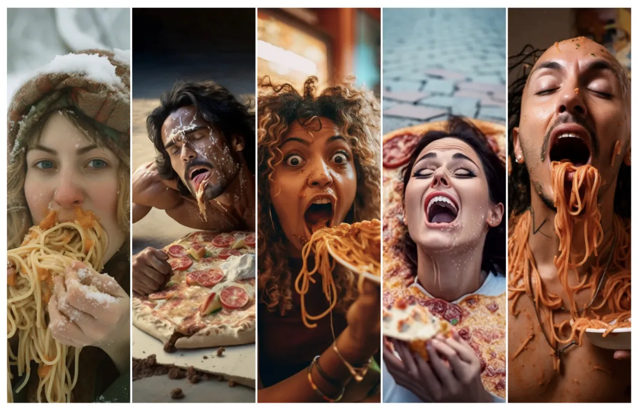 Zdjęcie Niecodzienne obrazy AI ludzi jedzących spaghetti w surrealistyczny sposób