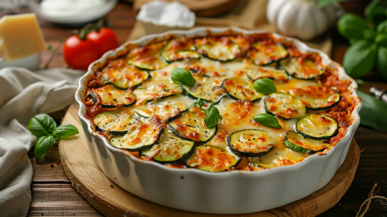 Zdjęcie Zapiekanka z cukinii, mięsa mielonego i sera mozzarella