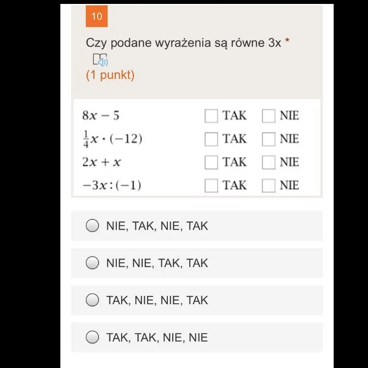 Zdjęcie Czy podane wyrażenia algebraiczne są równe 3x? Sprawdź, co to znaczy
