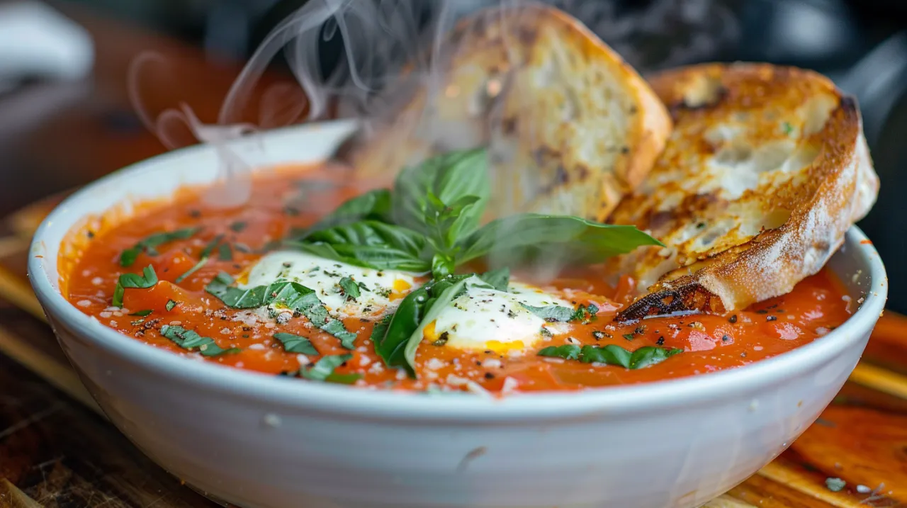 Zdjęcie Zupa pomidorowa z mozzarellą, bazylią i grzankami