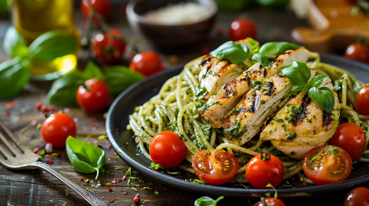 Zdjęcie Makaron z zielonym pesto i kurczakiem: Fit przepis na makaron z pesto