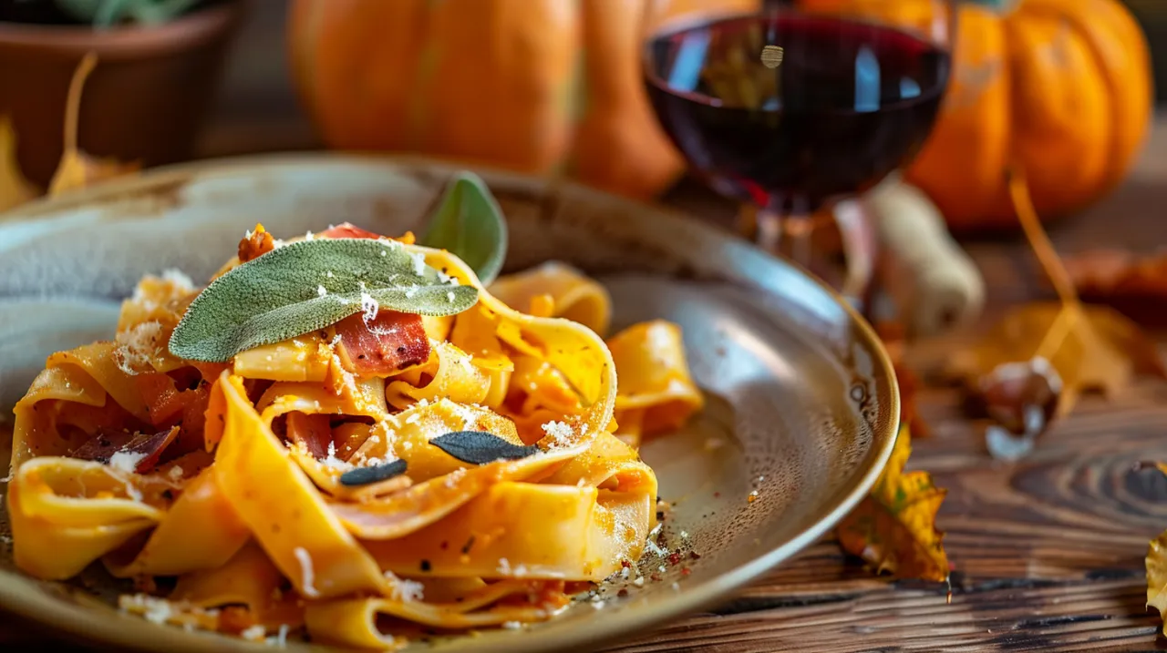 Zdjęcie Makaron z dynią, szynką parmeńską, szałwią i serem gorgonzola