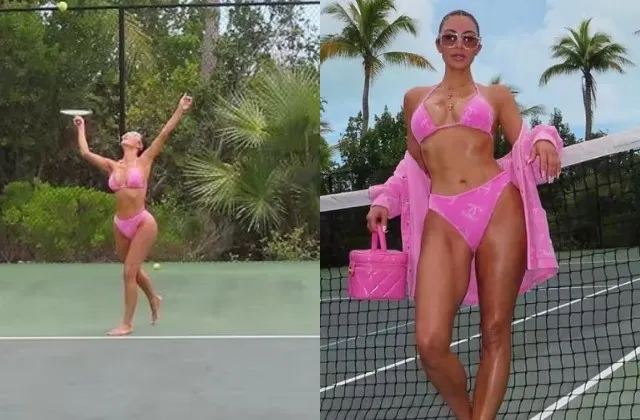 Zdjęcie Szokujące zdjęcia Kim Kardashian grającej w tenisa w różowym bikini