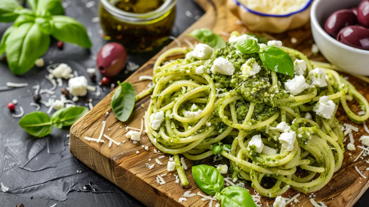 Zdjęcie Smaki Grecji: makaron z pesto, fetą i oliwkami - przepis