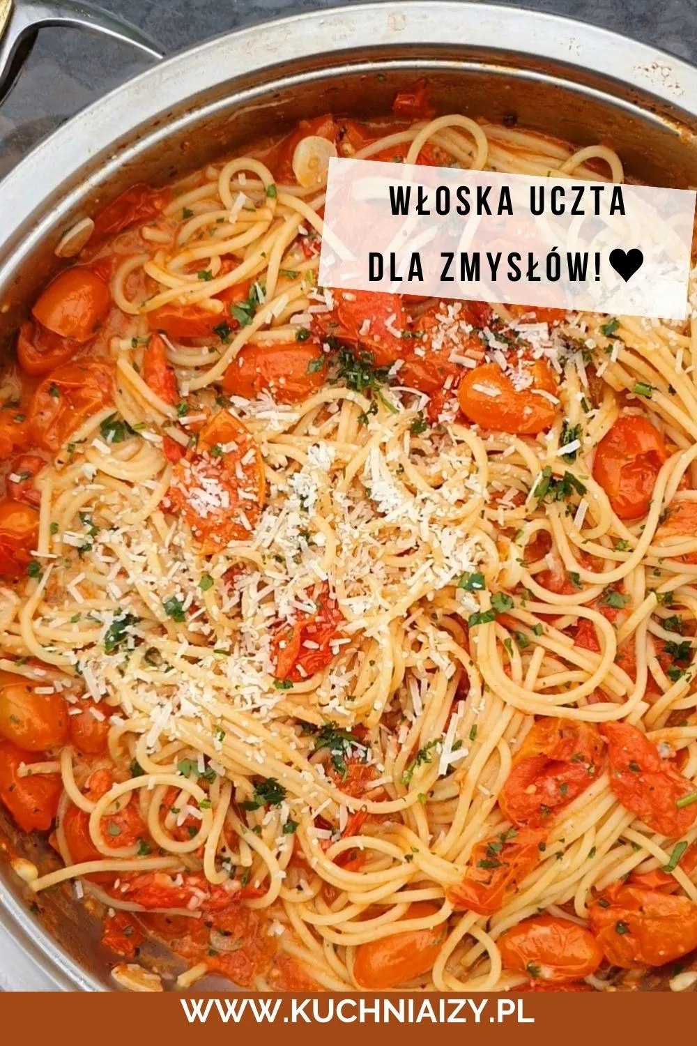 Zdjęcie Pyszne spaghetti z czosnkiem, oliwą i pomidorkami koktajlowymi w 15 minut