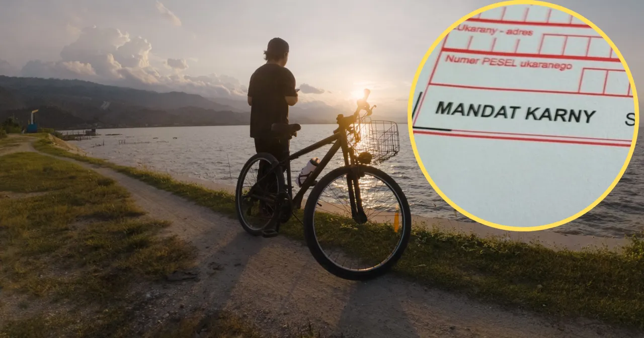 Czy jak jedziesz pijany rowerem to zabierają prawo jazdy? Na zdjęciu rowerzysta nad jeziorem i fragment mandatu karnego.