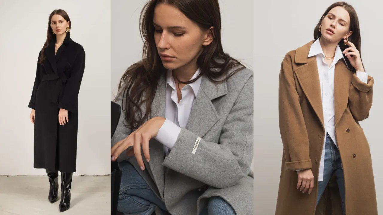 elegancka stylizacja do pracy na zimę kobieta w wełnianym płaszczu i szerokich spodniach