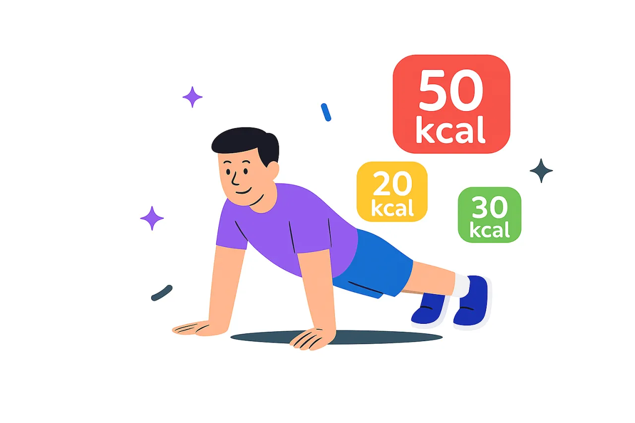 Uśmiechnięty mężczyzna robi pompki. Obok niego pojawiają się kolorowe etykiety z liczbami: 50 kcal, 20 kcal i 30 kcal. Ile kcal spalisz?