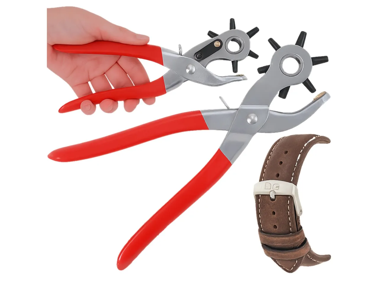 Dziurkacz obrotowy i brązowy pasek. Narzędzie pomoże Ci szybko i łatwo dowiedzieć się, jak skrócić pasek do spodni, tworząc nowe otwory.