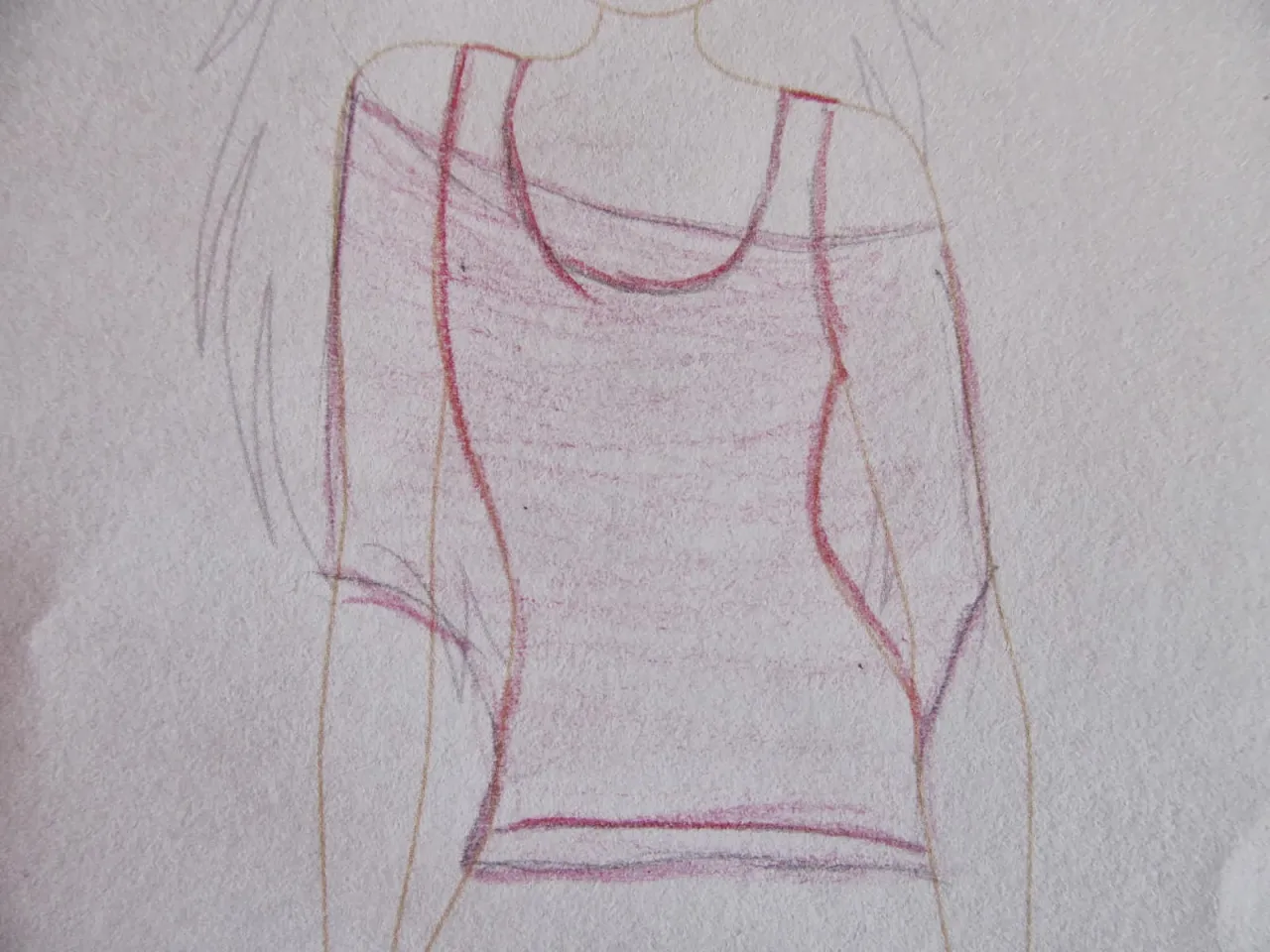 Szkic pokazuje, jak narysować bluzkę z dekoltem typu łódka i luźnymi rękawami.