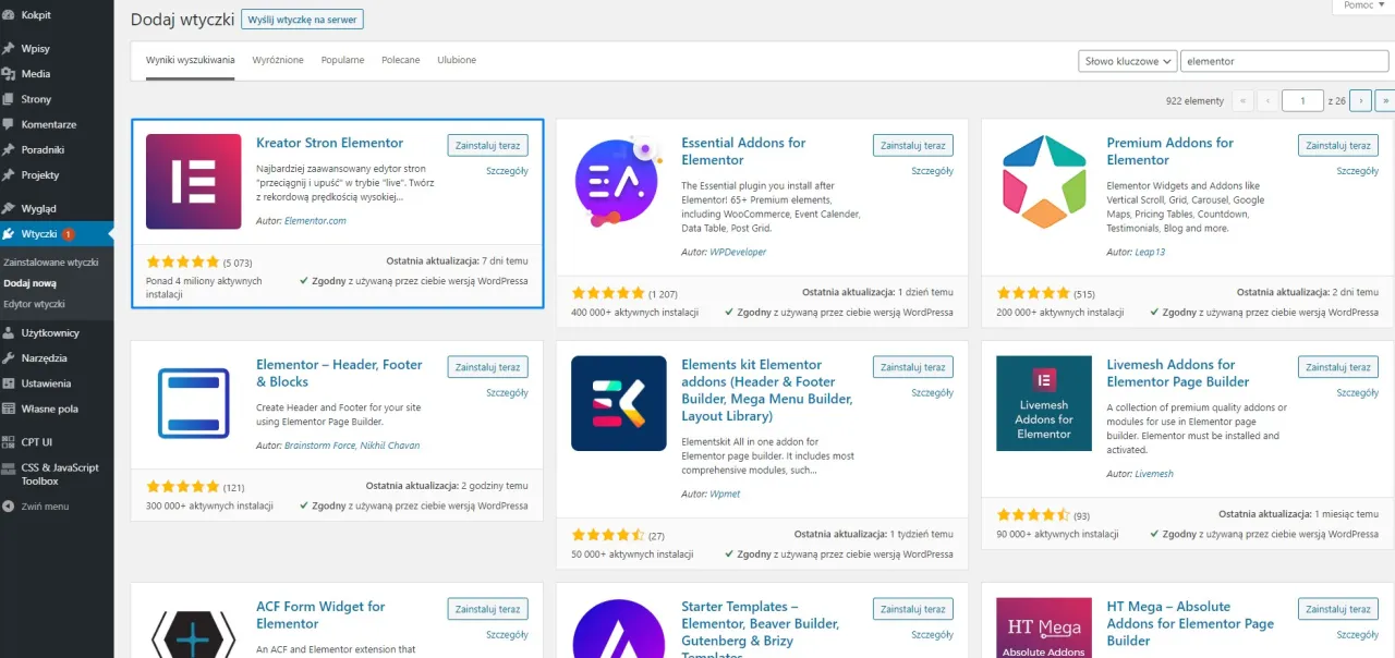 Dodawanie wtyczek do WordPressa, w tym tych ułatwiających zmianę strony głównej, np. Elementor.