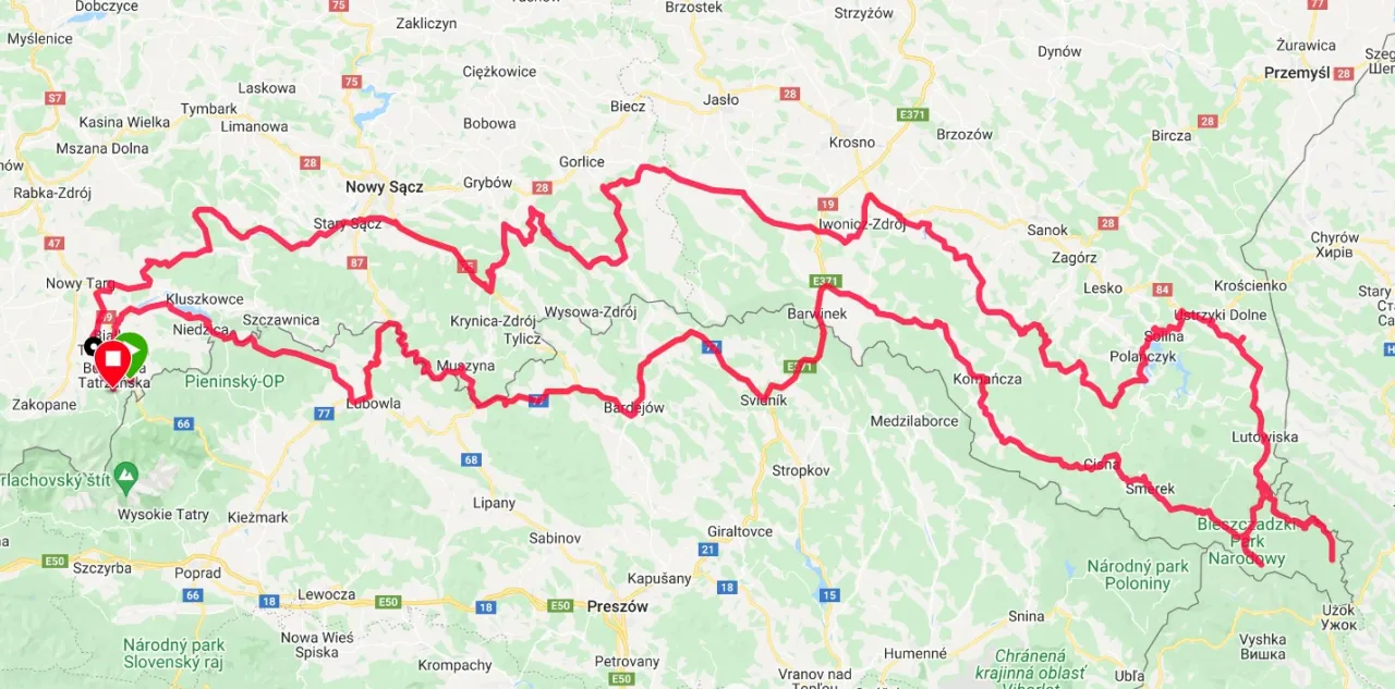 Mapa Wielkiej Pętli Tatrzańskiej motocyklem