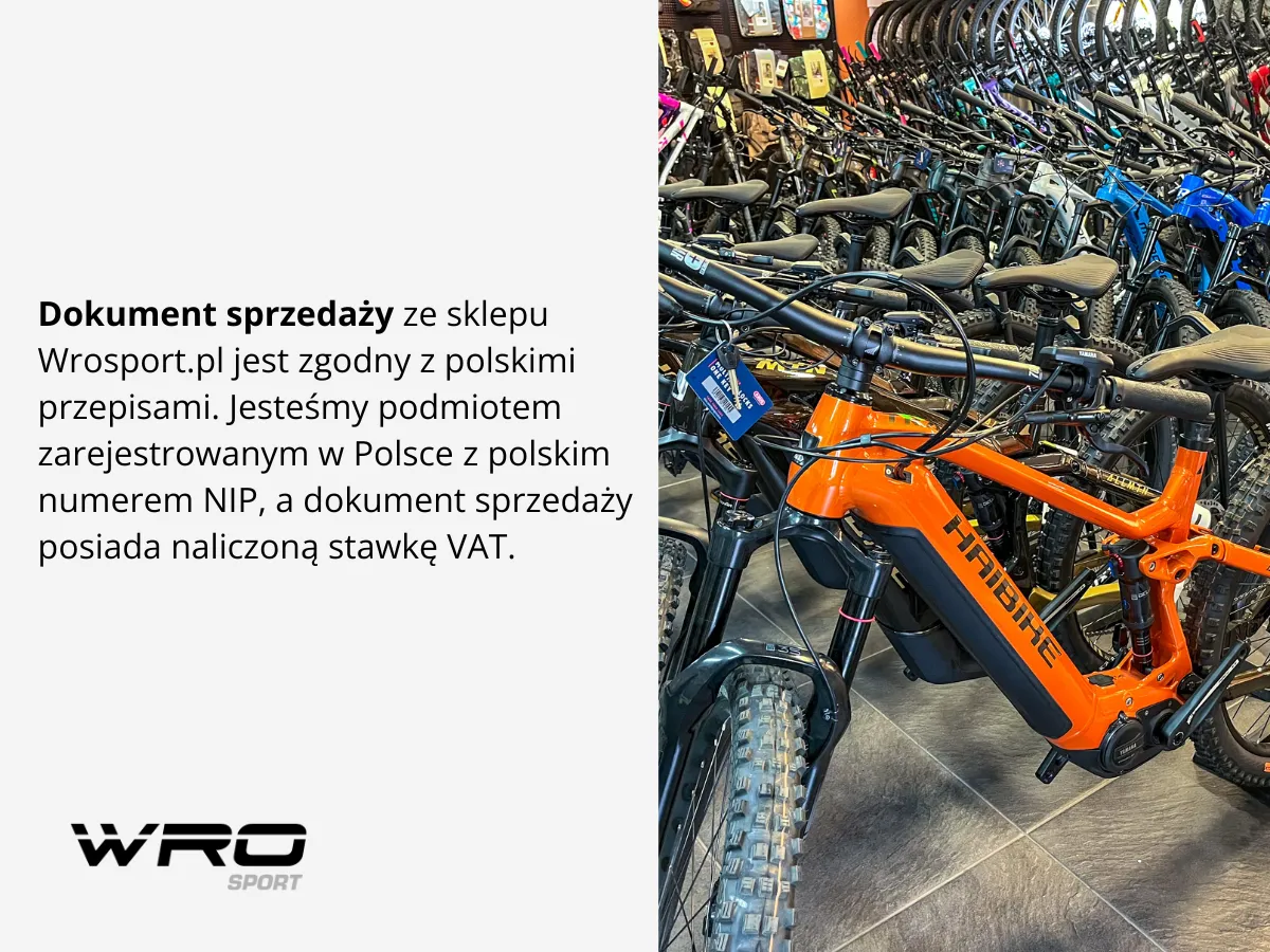Pomarańczowy rower elektryczny Haibike w sklepie. Dokument sprzedaży z Wrosport.pl potwierdza, że można uzyskać dofinansowanie do roweru elektrycznego dla każdego.