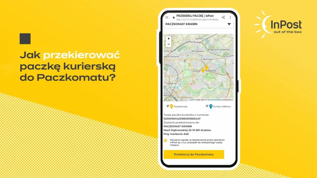 Jak przekierować paczkę kurierską do Paczkomatu? Aplikacja InPost pokazuje mapę z Paczkomatem KRA18N.