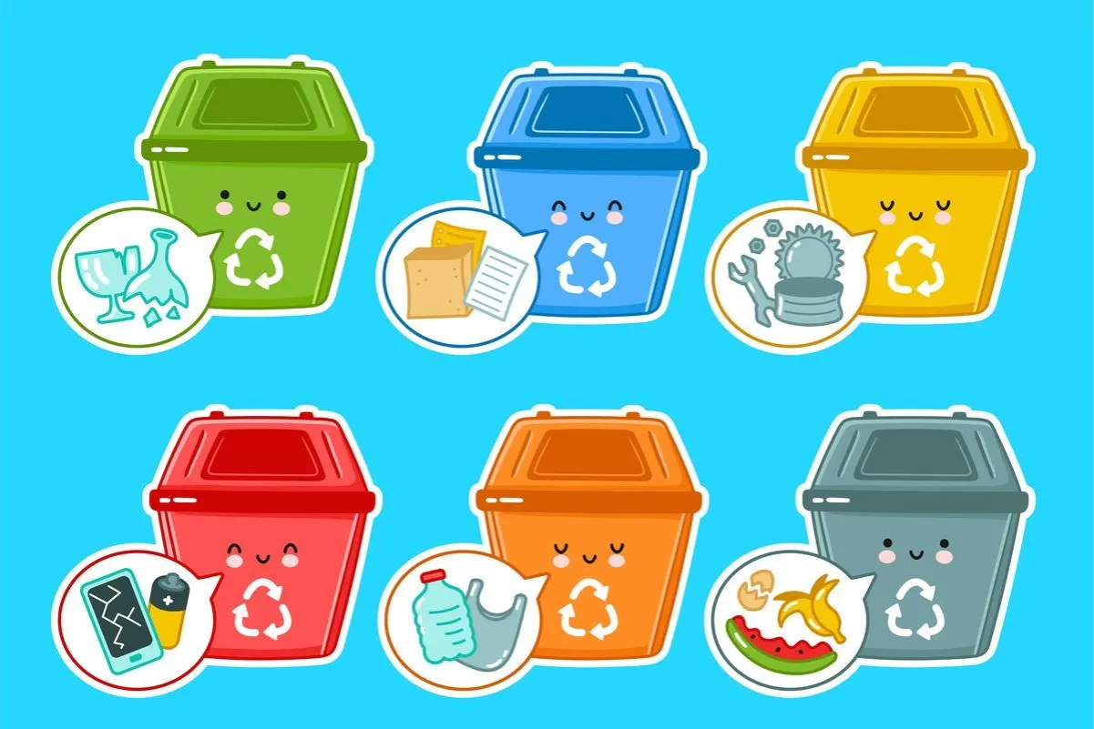 dzieci segregujące śmieci kolory pojemnik&oacute;w