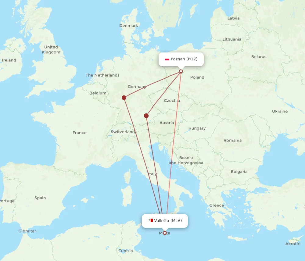 Mapa lotów z Poznania na Maltę z przesiadkami