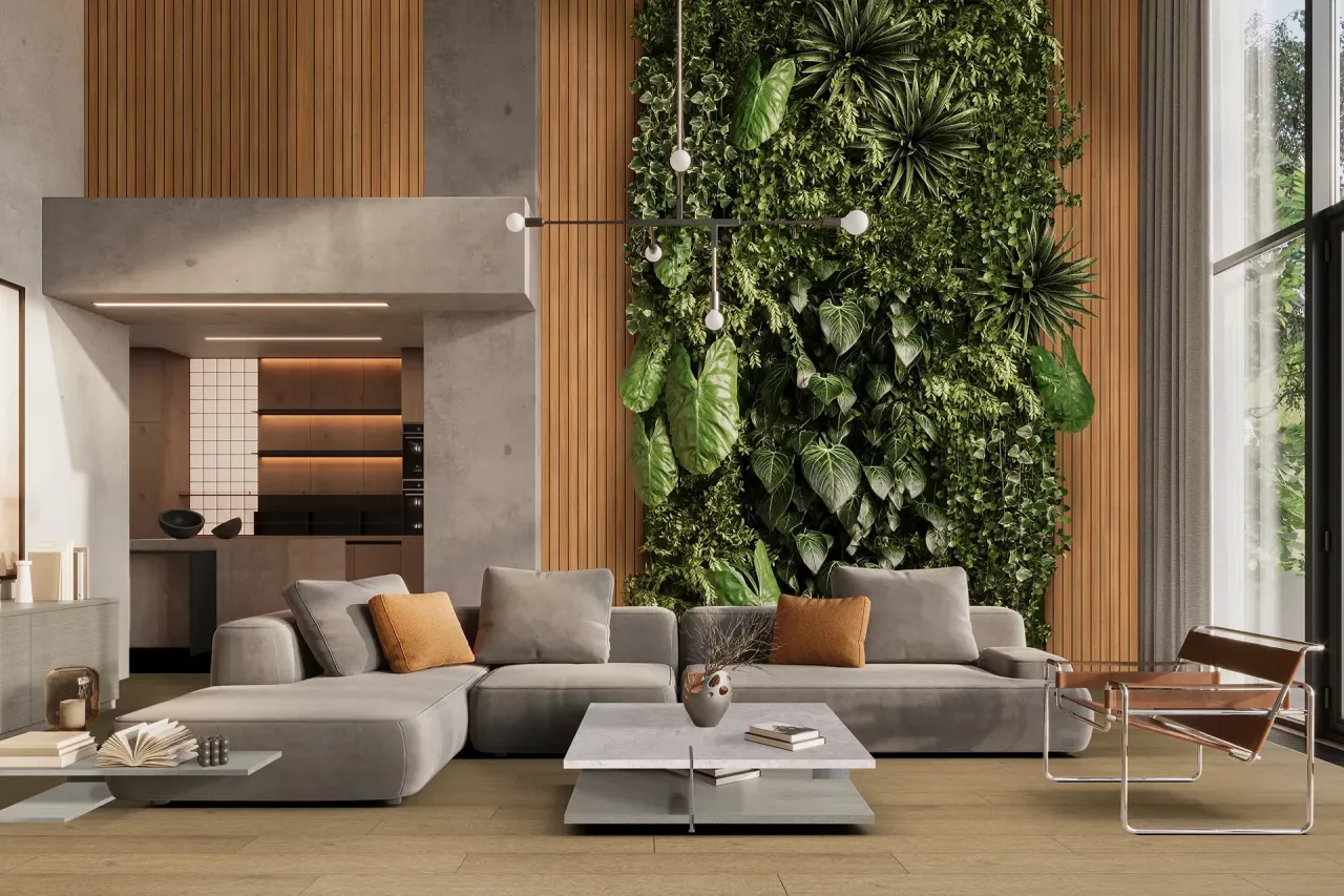 Salon z harmonijnym połączeniem materiałów na ścianach