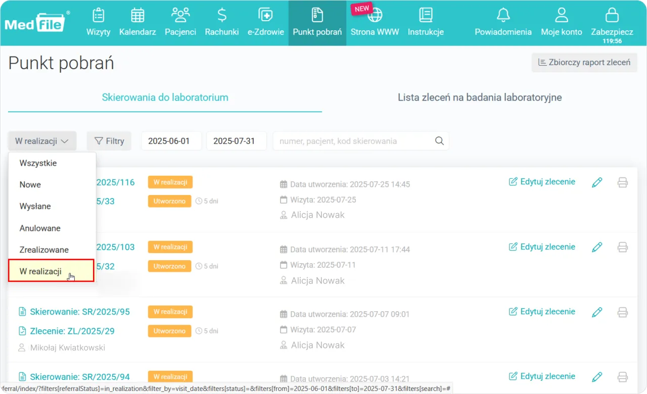 Widok listy skierowań do laboratorium, zaznaczona opcja 
