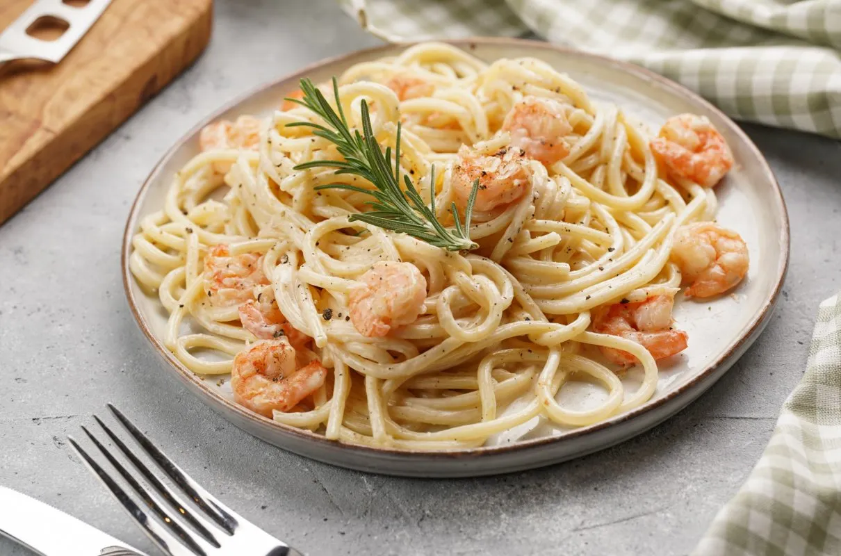 Pyszne dania z krewetkami: spaghetti w kremowym sosie z krewetkami i gałązką rozmarynu.