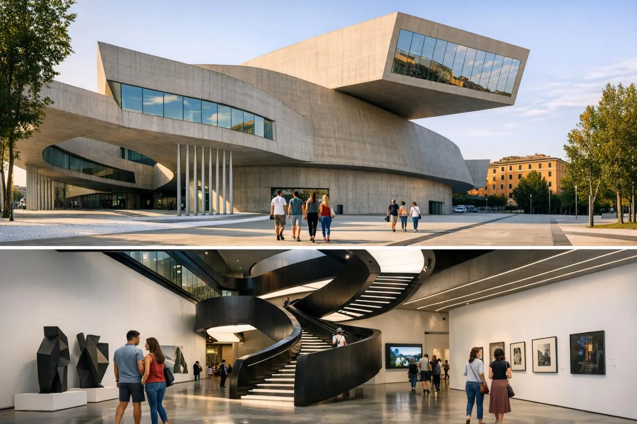 Nowoczesna architektura muzeum sztuki współczesnej MAXXI w Rzymie. Wnętrze z kręconymi schodami i dziełami sztuki.