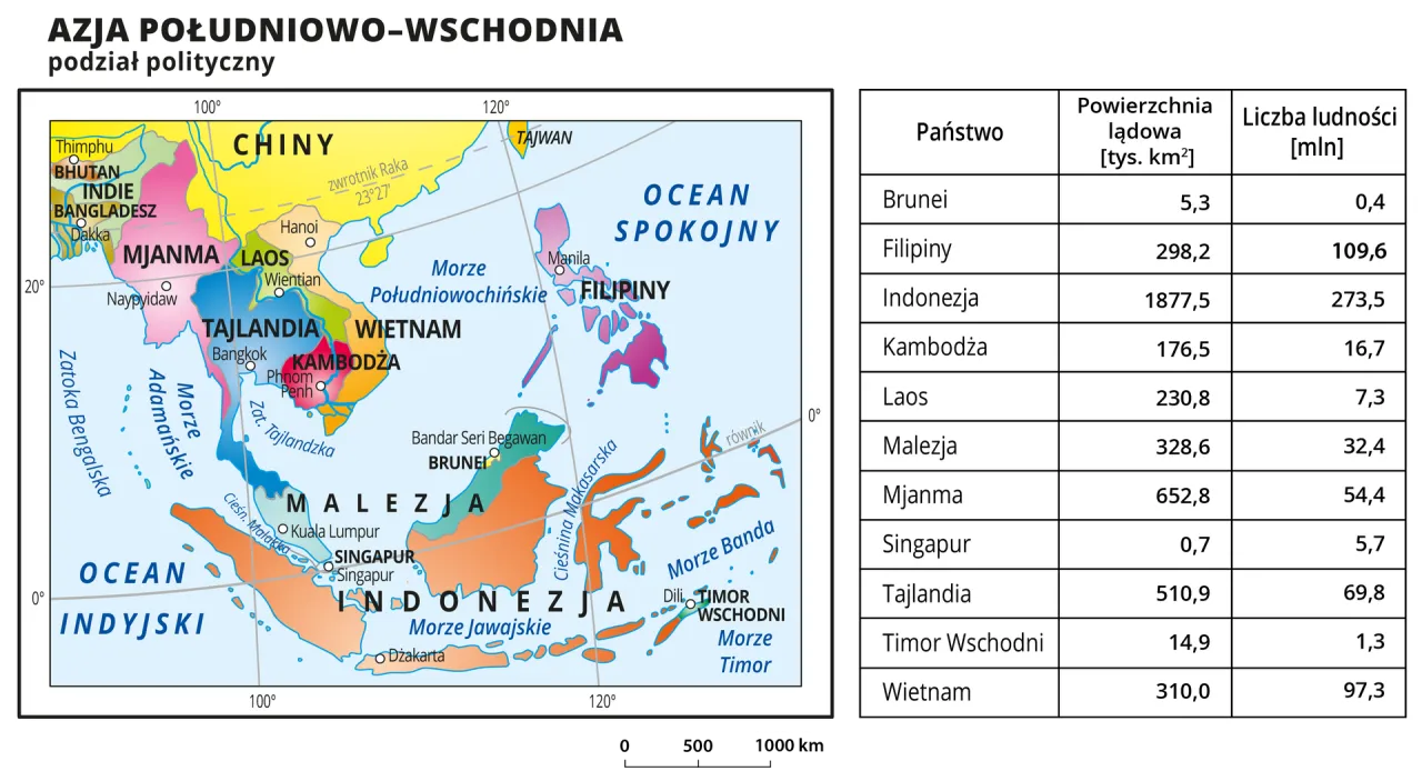 Mapa polityczna Azji Południowo-Wschodniej. Widać, gdzie leży Tajlandia, otoczona przez Mjanmę, Laos, Kambodżę i Malezję.