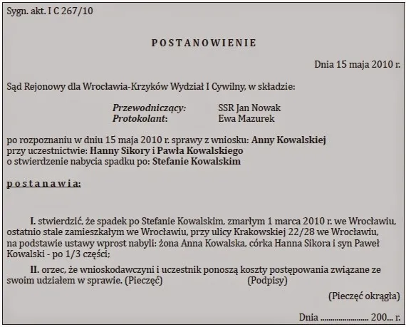 wniosek do sądu, dokumenty spadkowe, pieczęć sądowa