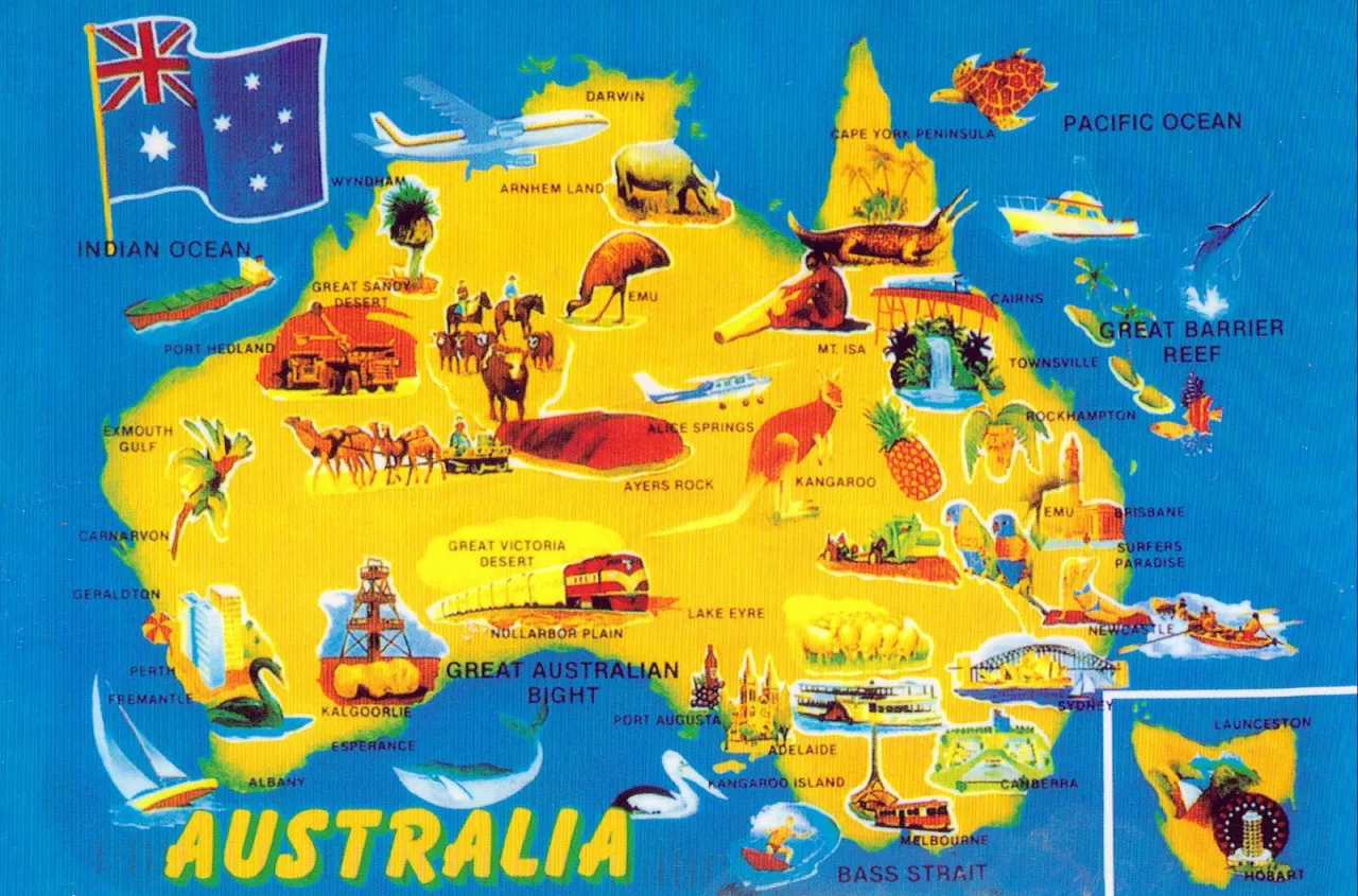 Mapa Australii z zaznaczonymi atrakcjami
