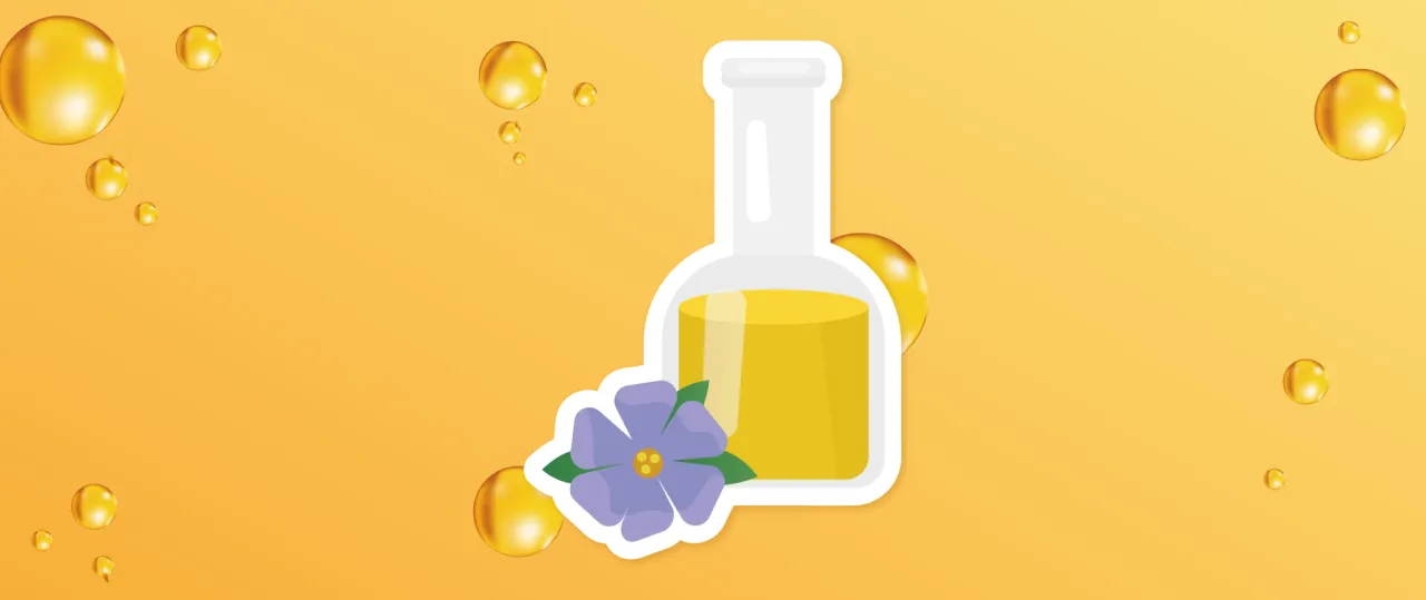 Czy olej roślinny jest zdrowy? Flakonik z ż&oacute;łtym płynem, kwiat i złote kropelki sugerują naturalne pochodzenie i korzyści zdrowotne.