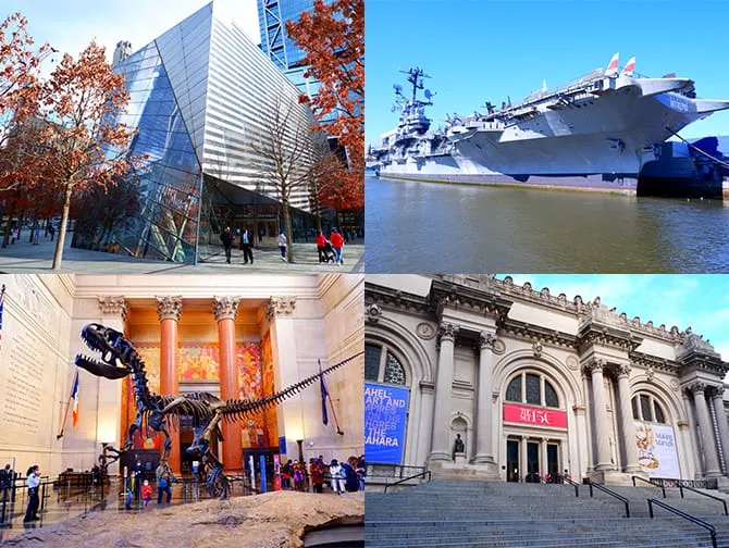 Collage of top New York attractions like Empire State Building, Statue of Liberty, MoMA